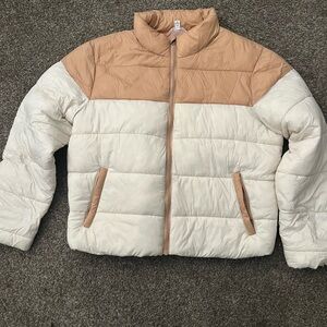 Time and Tru Cream and Tan Colorblock Puffer Jacket- XL